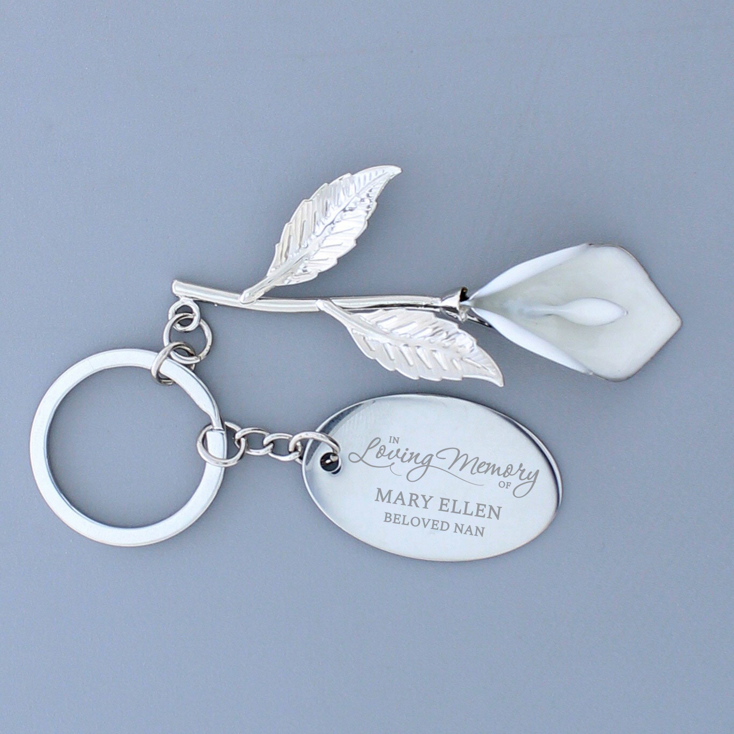 Personalised Silver Plated 'In Loving Memory' Calla Lily Keyring